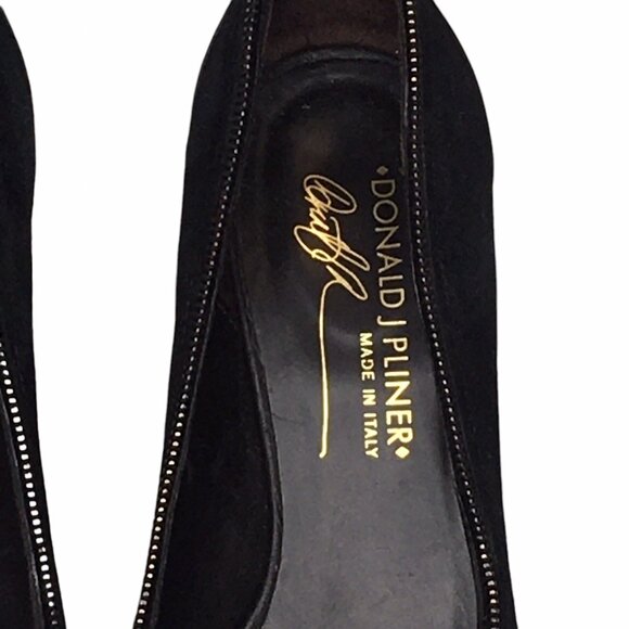 DONALD J PLINER 8M ZEPPEL Black Pump Suede Leather Zipper Trim Peep Toe Heels - Picture 5 of 10